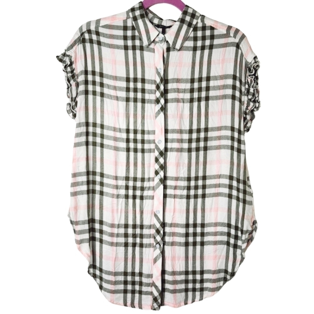 BUFFALO DAVID BITTON KHAKI BLUSH PINK & WHITE PLAID TOP SIZE MEDIUM